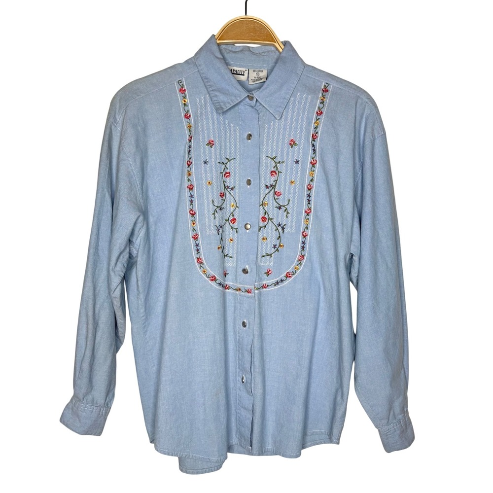 Capacity Embroidered Denim Shirt Light Blue Long Sleeve Button Up Women's M